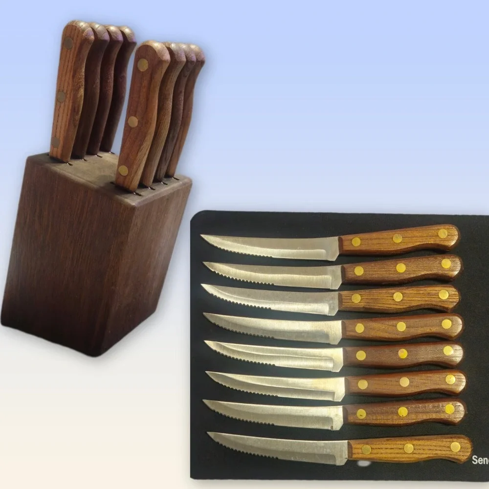 Old Homestead Steak Knife Set 8pc Wood Handles Block Stainless Japan Vintage